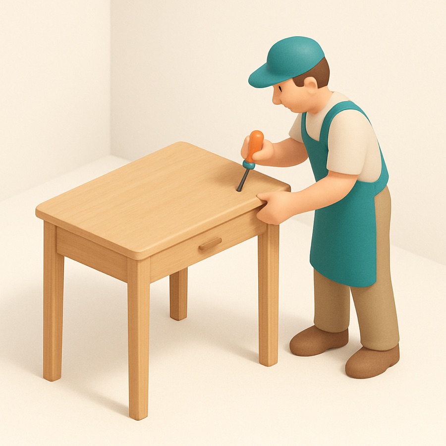 A workman assembling a wooden desk