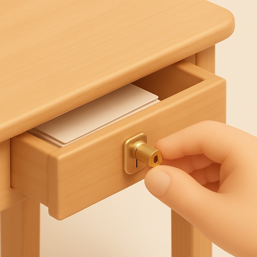 A new lock being fitted to the desk's top drawer, papers visible inside