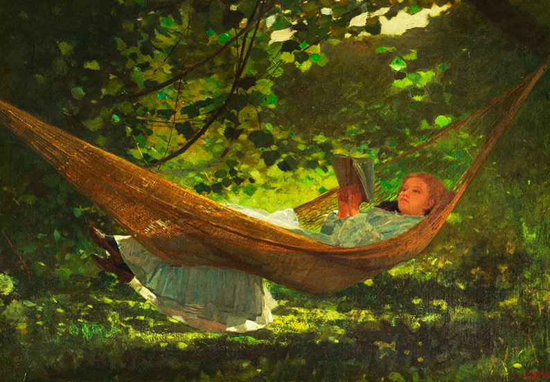 A painting of a woman idling in a hammock, reading in the shade